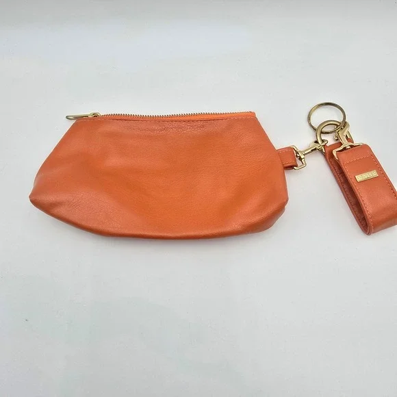 Keyper Orange Faux Leather Wristlet Pouch Clutch Gold Hardware Zipper - Picture 3 of 7